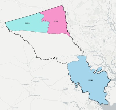 Bryan County GA ZIP code boundaries map