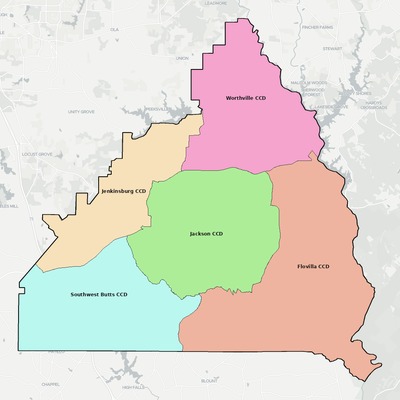 Butts County GA townships and subdivisions map