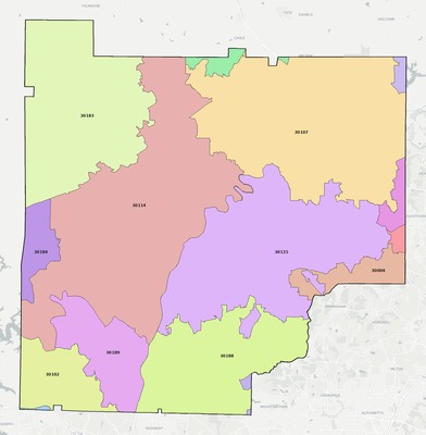 Cherokee County GA ZIP code boundaries map