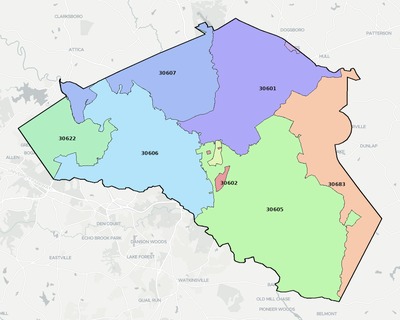 Clarke County GA ZIP code boundaries map