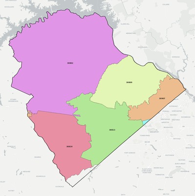 Columbia County GA ZIP code boundaries map