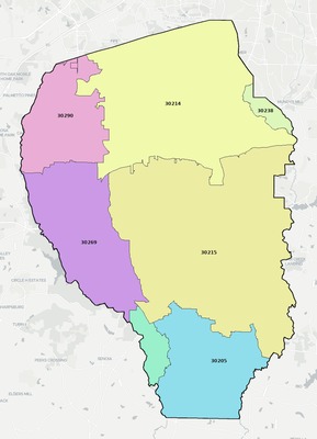 Fayette County GA ZIP code boundaries map