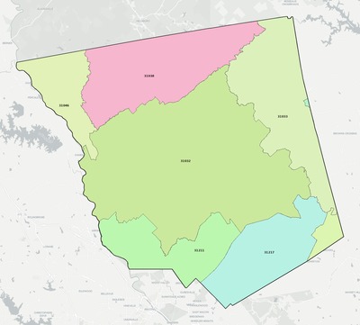Jones County GA ZIP code boundaries map
