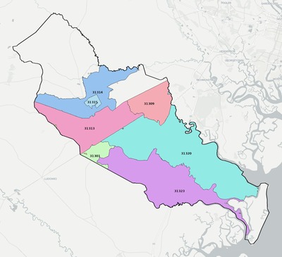 Liberty County GA ZIP code boundaries map