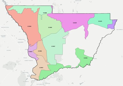 Muscogee County GA ZIP code boundaries map