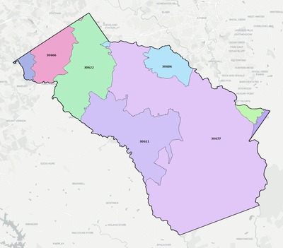 Oconee County GA ZIP code boundaries map
