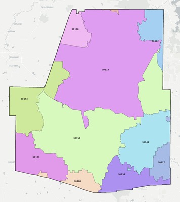 Paulding County GA ZIP code boundaries map