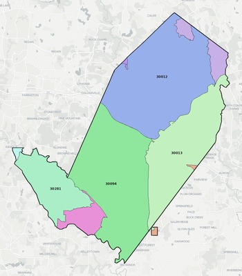 Rockdale County GA ZIP code boundaries map