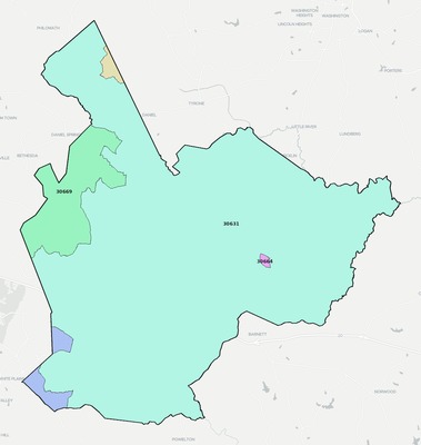 Taliaferro County GA ZIP code boundaries map