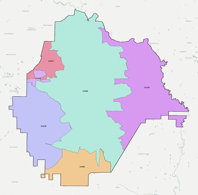 Taylor County GA ZIP code boundaries map