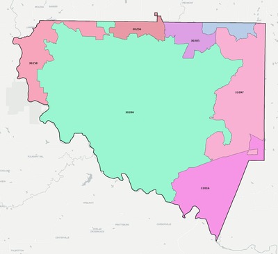 Upson County GA ZIP code boundaries map
