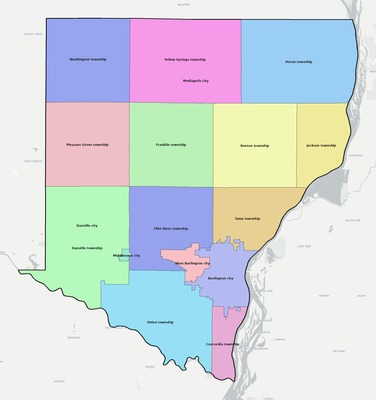 Des Moines County IA townships and subdivisions map