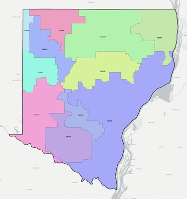 Des Moines County IA ZIP code boundaries map