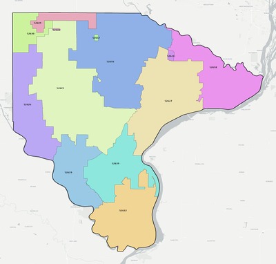 Lee County IA ZIP code boundaries map