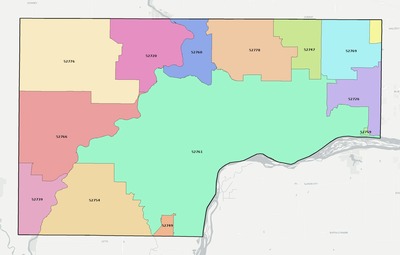 Muscatine County IA ZIP code boundaries map