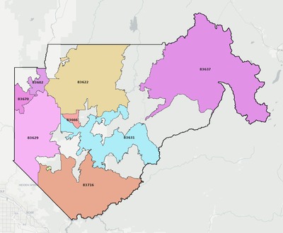 Boise County ID ZIP code boundaries map