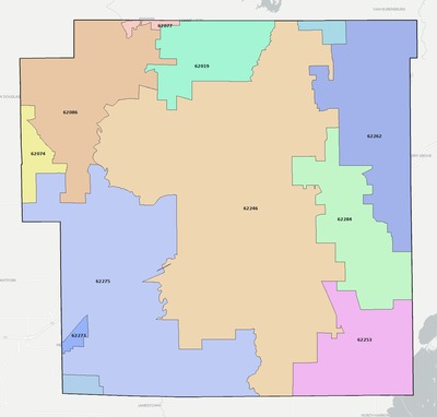 Bond County IL ZIP code boundaries map