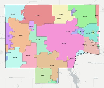 Bureau County IL ZIP code boundaries map