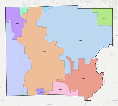 Clark County IL ZIP code boundaries map