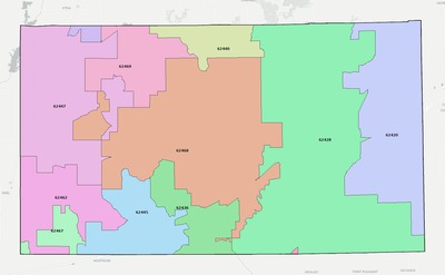 Cumberland County IL ZIP code boundaries map