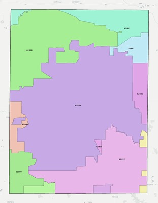 Hamilton County IL ZIP code boundaries map