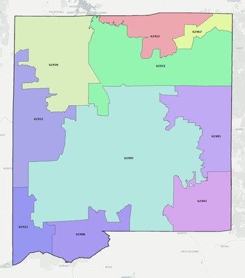 Johnson County IL ZIP code boundaries map