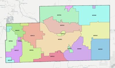 Kankakee County IL ZIP code boundaries map