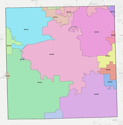 Kendall County IL ZIP code boundaries map