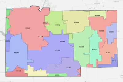 Lee County IL ZIP code boundaries map