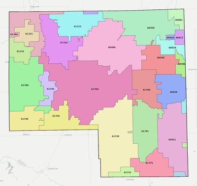 Livingston County IL ZIP code boundaries map
