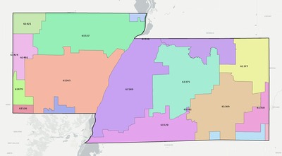 Marshall County IL ZIP code boundaries map