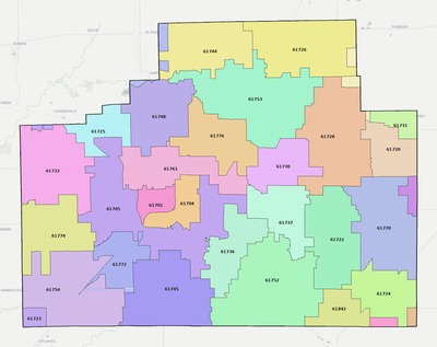 McLean County IL ZIP code boundaries map
