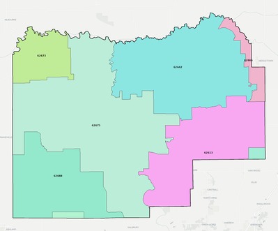 Menard County IL ZIP code boundaries map
