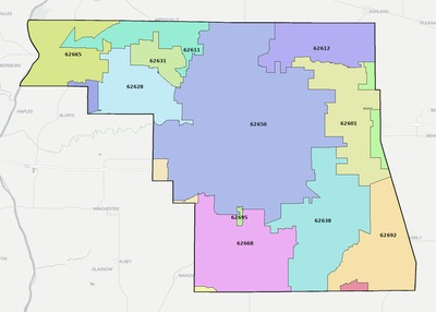 Morgan County IL ZIP code boundaries map