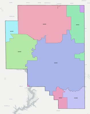 Moultrie County IL ZIP code boundaries map