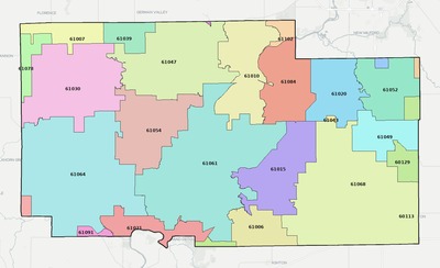 Ogle County IL ZIP code boundaries map