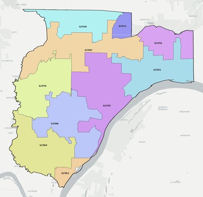 Pulaski County IL ZIP code boundaries map