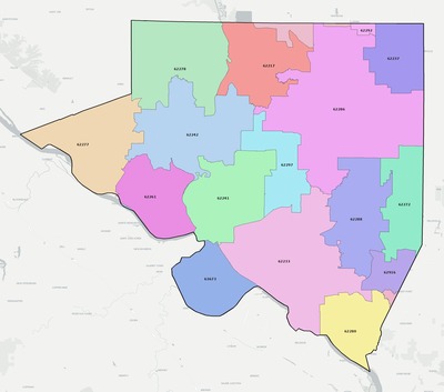 Randolph County IL ZIP code boundaries map