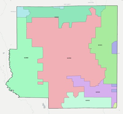 Richland County IL ZIP code boundaries map