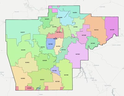 Sangamon County IL ZIP code boundaries map