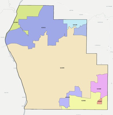 Scott County IL ZIP code boundaries map