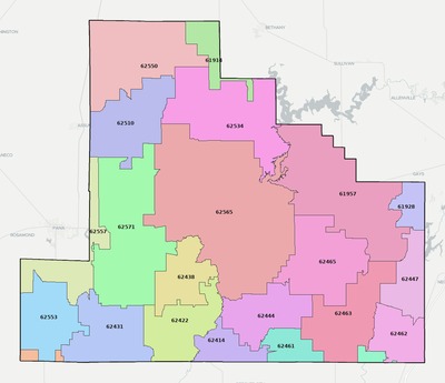 Shelby County IL ZIP code boundaries map