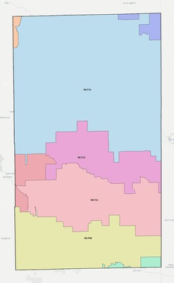 Adams County IN ZIP code boundaries map