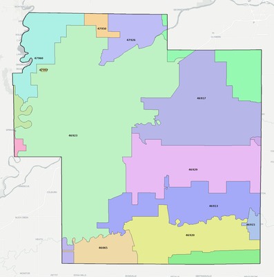 Carroll County IN ZIP code boundaries map