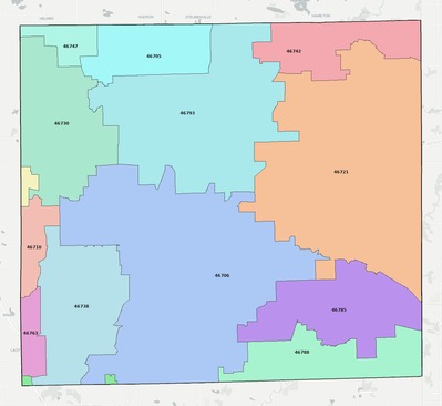 DeKalb County IN ZIP code boundaries map