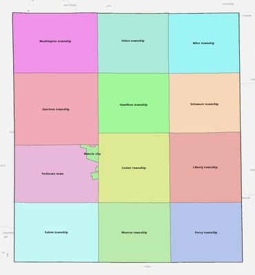Delaware County IN townships and subdivisions map