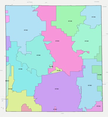 Delaware County IN ZIP code boundaries map