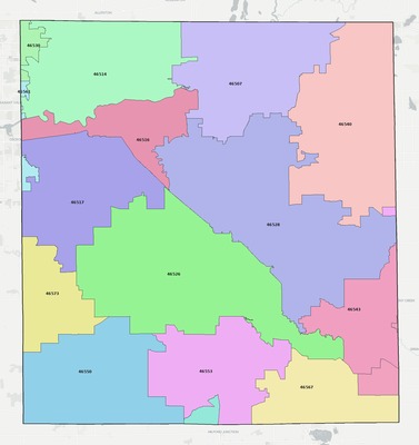 Elkhart County IN ZIP code boundaries map