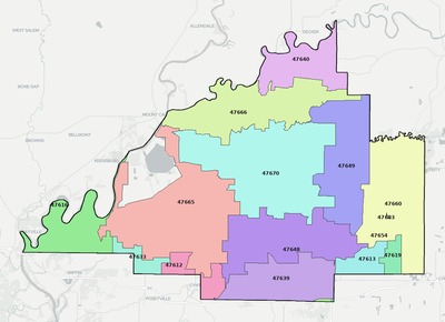 Gibson County IN ZIP code boundaries map