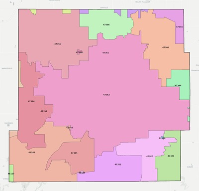 Henry County IN ZIP code boundaries map